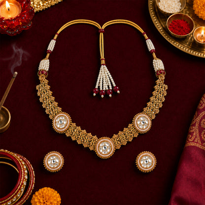 Traditional Antique Gold Plated Kundan Polki Choker Necklace Set with White Stones for Women (SJN_360_W)