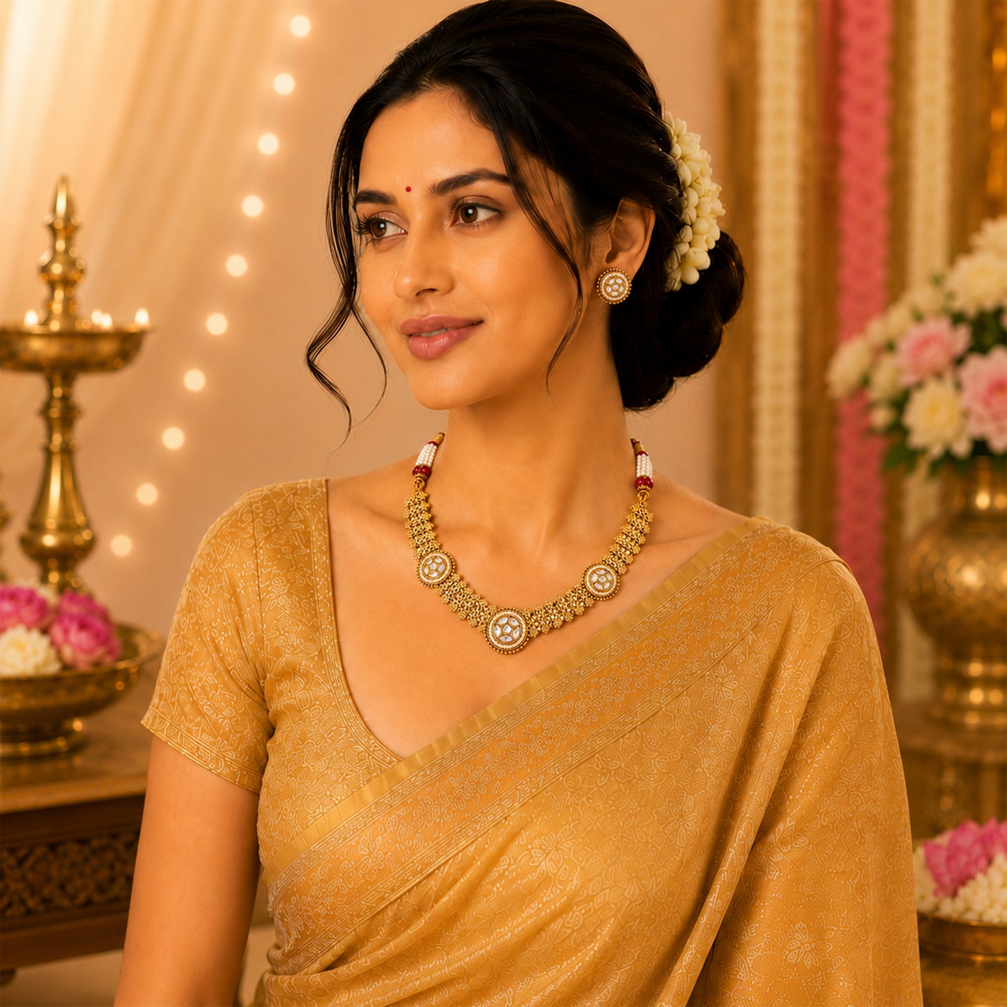 Traditional Antique Gold Plated Kundan Polki Choker Necklace Set with White Stones for Women (SJN_360_W)
