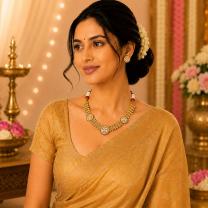 Traditional Antique Gold Plated Kundan Polki Choker Necklace Set with White Stones for Women (SJN_360_W)