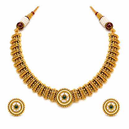 Traditional Antique Gold Plated Kundan Polki Choker Necklace Set with Green Stones for Women (SJN_361_G)