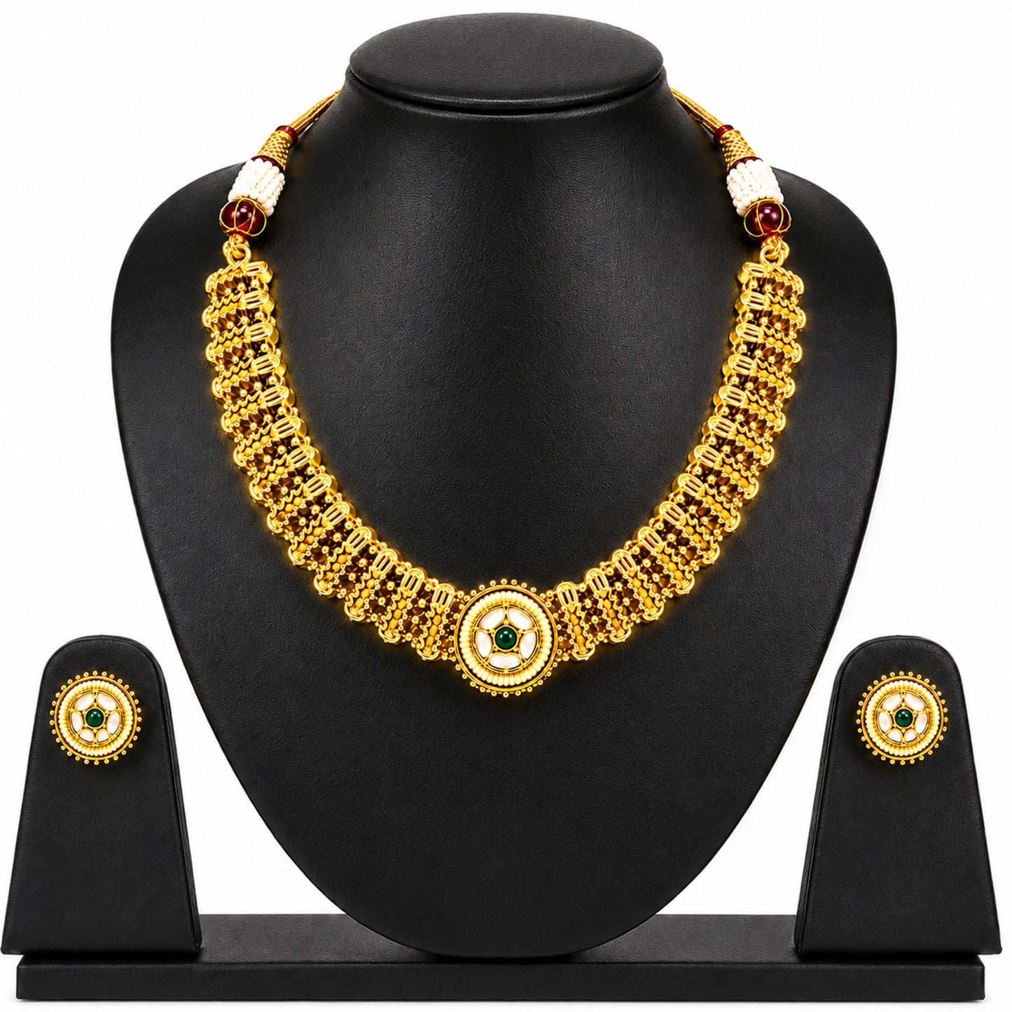 Traditional Antique Gold Plated Kundan Polki Choker Necklace Set with Green Stones for Women (SJN_361_G)
