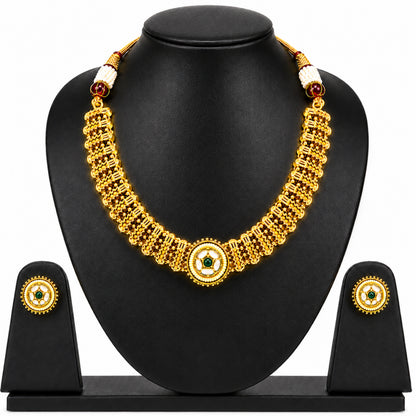 Traditional Antique Gold Plated Kundan Polki Choker Necklace Set with Green Stones for Women (SJN_361_G)