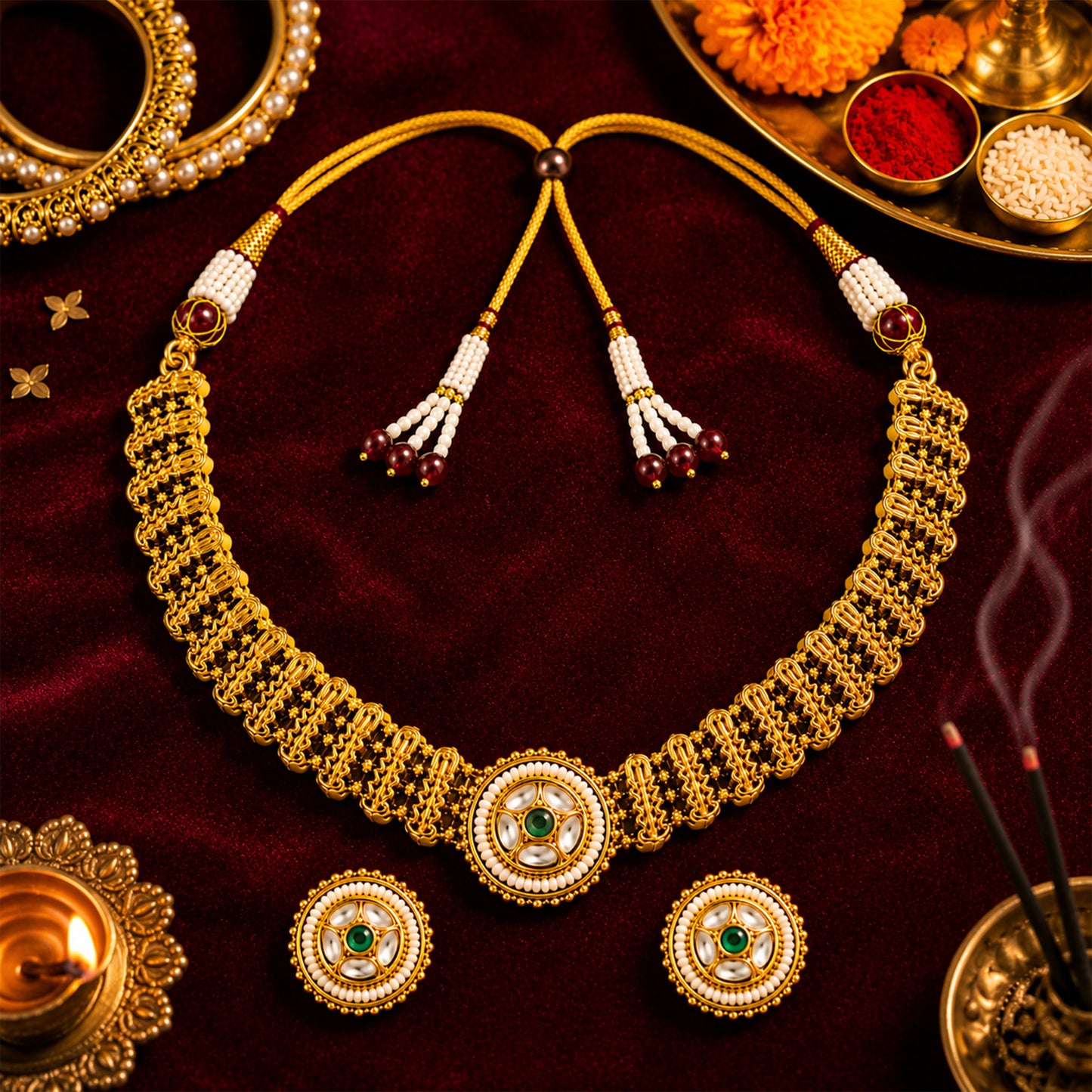 Traditional Antique Gold Plated Kundan Polki Choker Necklace Set with Green Stones for Women (SJN_361_G)