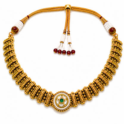Traditional Antique Gold Plated Kundan Polki Choker Necklace Set with Green Stones for Women (SJN_361_G)