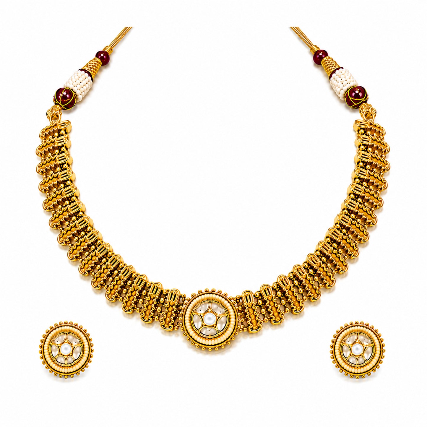 Traditional Antique Gold Plated Kundan Polki Choker Necklace Set with White Stones for Women (SJN_361_W)