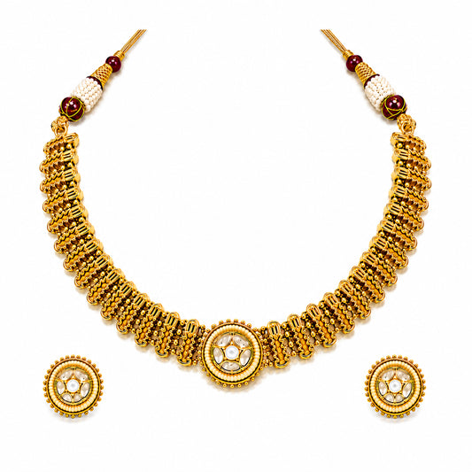 Traditional Antique Gold Plated Kundan Polki Choker Necklace Set with White Stones for Women (SJN_361_W)