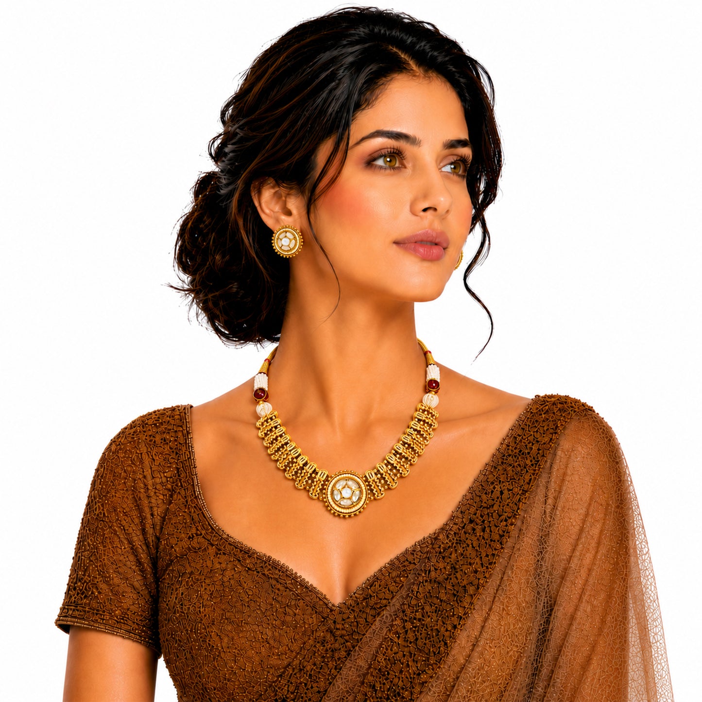 Traditional Antique Gold Plated Kundan Polki Choker Necklace Set with White Stones for Women (SJN_361_W)