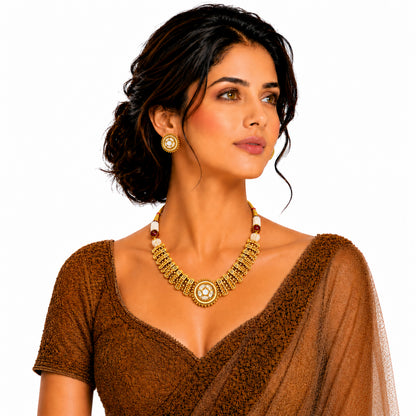 Traditional Antique Gold Plated Kundan Polki Choker Necklace Set with White Stones for Women (SJN_361_W)