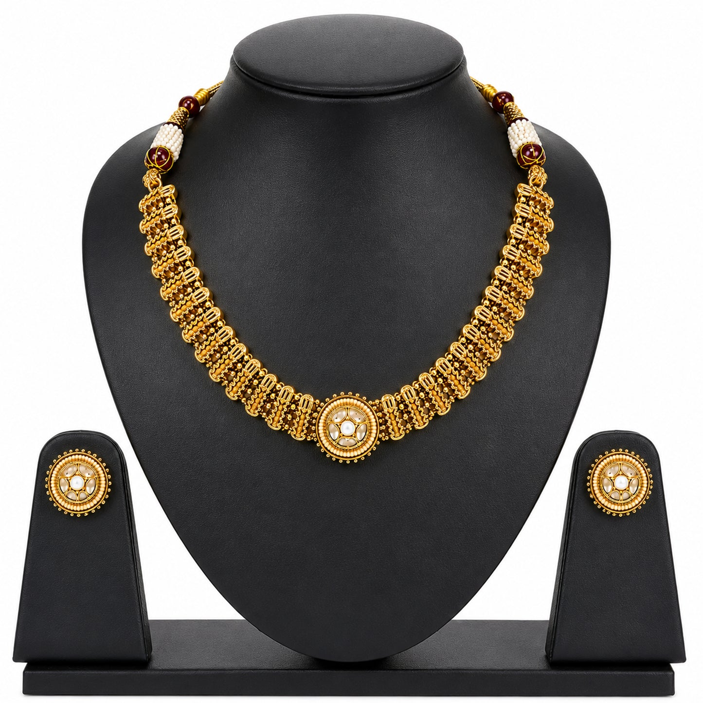 Traditional Antique Gold Plated Kundan Polki Choker Necklace Set with White Stones for Women (SJN_361_W)