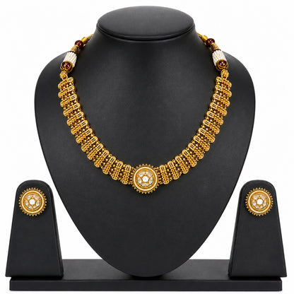Traditional Antique Gold Plated Kundan Polki Choker Necklace Set with White Stones for Women (SJN_361_W)