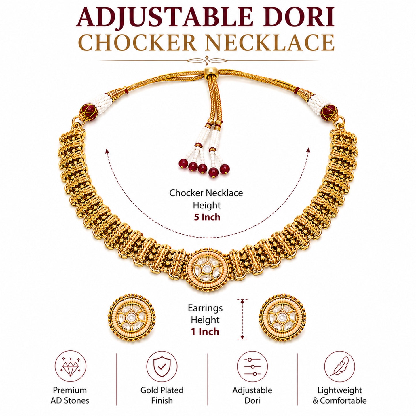Traditional Antique Gold Plated Kundan Polki Choker Necklace Set with White Stones for Women (SJN_361_W)