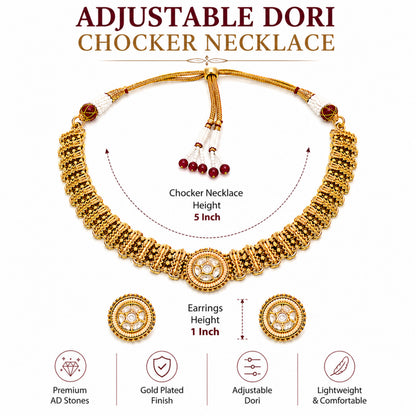 Traditional Antique Gold Plated Kundan Polki Choker Necklace Set with White Stones for Women (SJN_361_W)