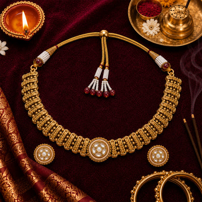 Traditional Antique Gold Plated Kundan Polki Choker Necklace Set with White Stones for Women (SJN_361_W)