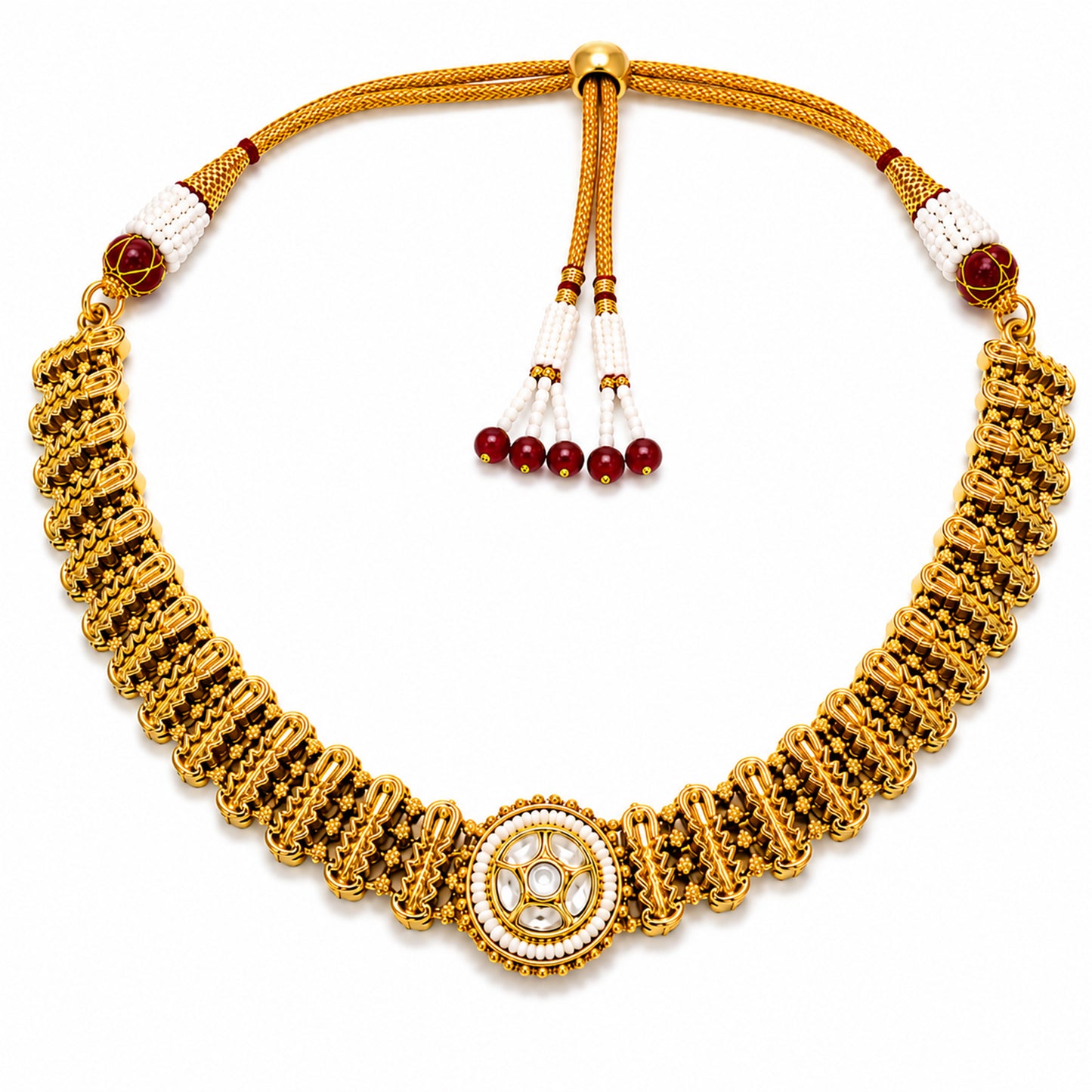 Traditional Antique Gold Plated Kundan Polki Choker Necklace Set with White Stones for Women (SJN_361_W)