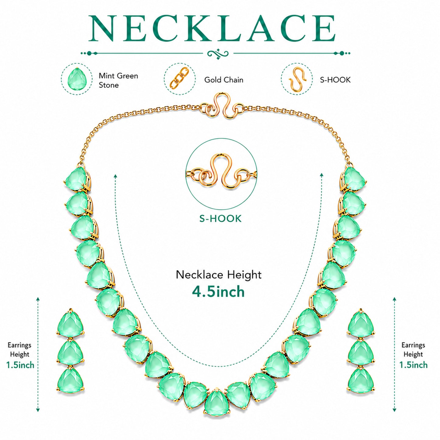 Antique Gold Plated Large CZ, Crystal & AD Studded Single Line Uneven Necklace Set with Earrings for Women - Green/Mint Green (SJN_362_G)