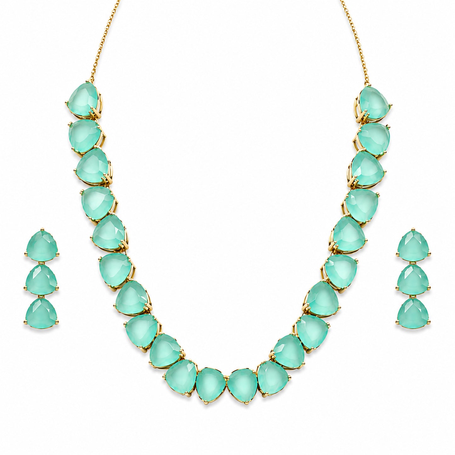 Antique Gold Plated Large CZ, Crystal & AD Studded Single Line Uneven Necklace Set with Earrings for Women - Green/Mint Green (SJN_362_G)