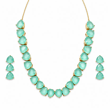 Antique Gold Plated Large CZ, Crystal & AD Studded Single Line Uneven Necklace Set with Earrings for Women - Green/Mint Green (SJN_362_G)