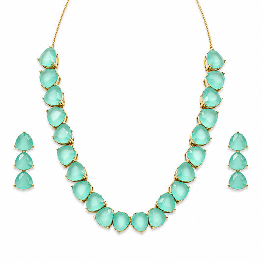 Antique Gold Plated Large CZ, Crystal & AD Studded Single Line Uneven Necklace Set with Earrings for Women - Green/Mint Green (SJN_362_G)