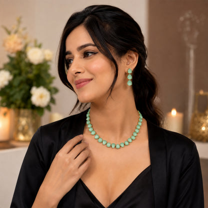 Antique Gold Plated Large CZ, Crystal & AD Studded Single Line Uneven Necklace Set with Earrings for Women - Green/Mint Green (SJN_362_G)