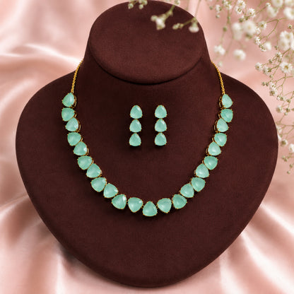 Antique Gold Plated Large CZ, Crystal & AD Studded Single Line Uneven Necklace Set with Earrings for Women - Green/Mint Green (SJN_362_G)