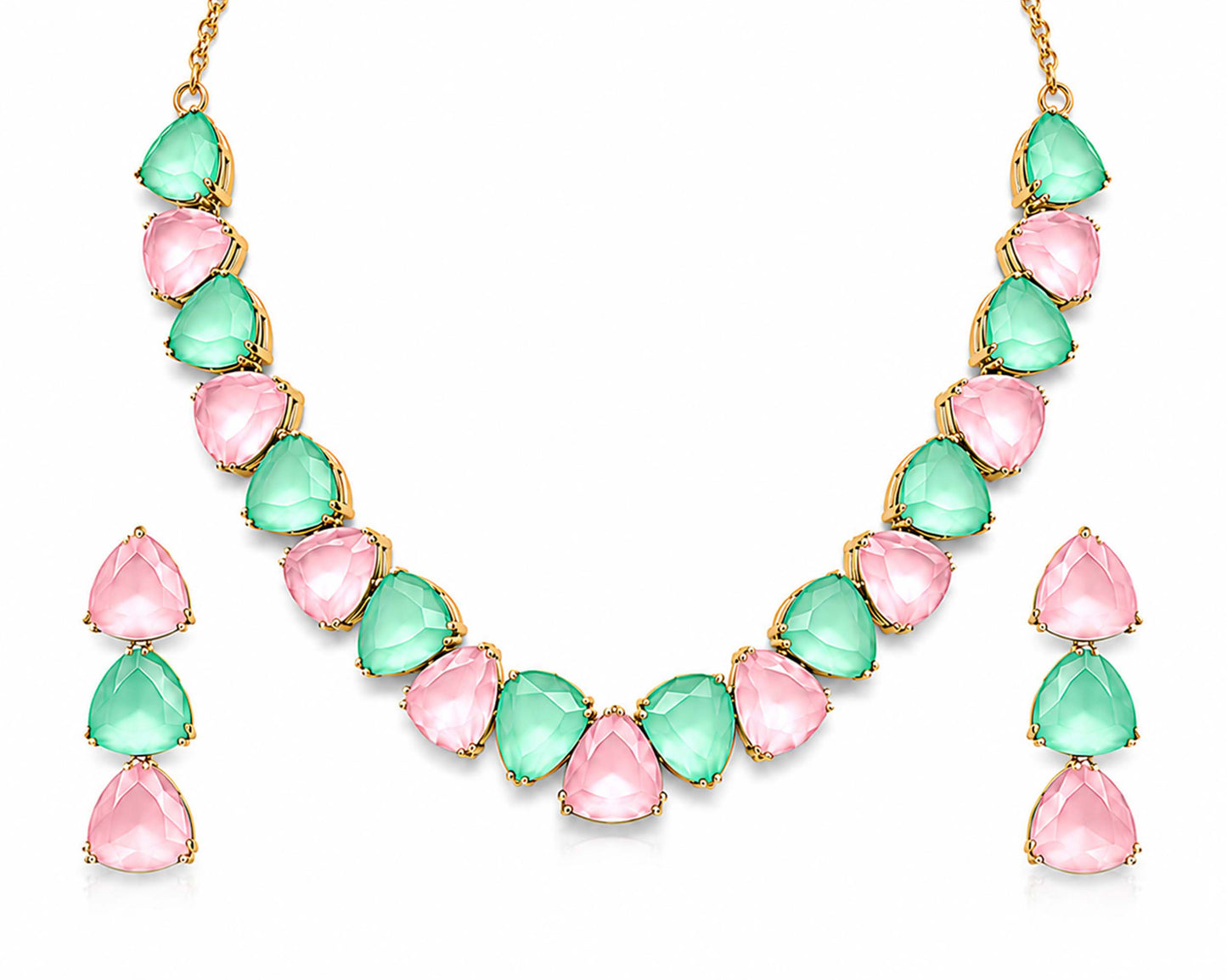 Antique Gold Plated Large CZ, Crystal & AD Studded Single Line Uneven Necklace Set with Earrings for Women - Multicolor (SJN_362_MT)