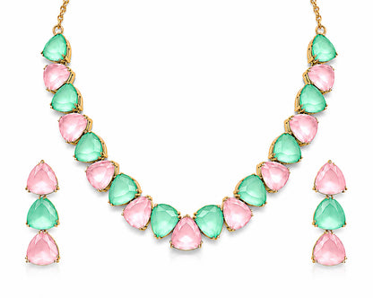 Antique Gold Plated Large CZ, Crystal & AD Studded Single Line Uneven Necklace Set with Earrings for Women - Multicolor (SJN_362_MT)