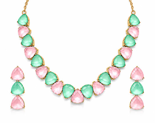 Antique Gold Plated Large CZ, Crystal & AD Studded Single Line Uneven Necklace Set with Earrings for Women - Multicolor (SJN_362_MT)