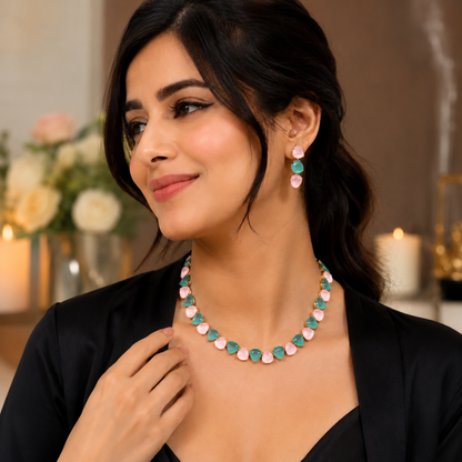 Antique Gold Plated Large CZ, Crystal & AD Studded Single Line Uneven Necklace Set with Earrings for Women - Multicolor (SJN_362_MT)