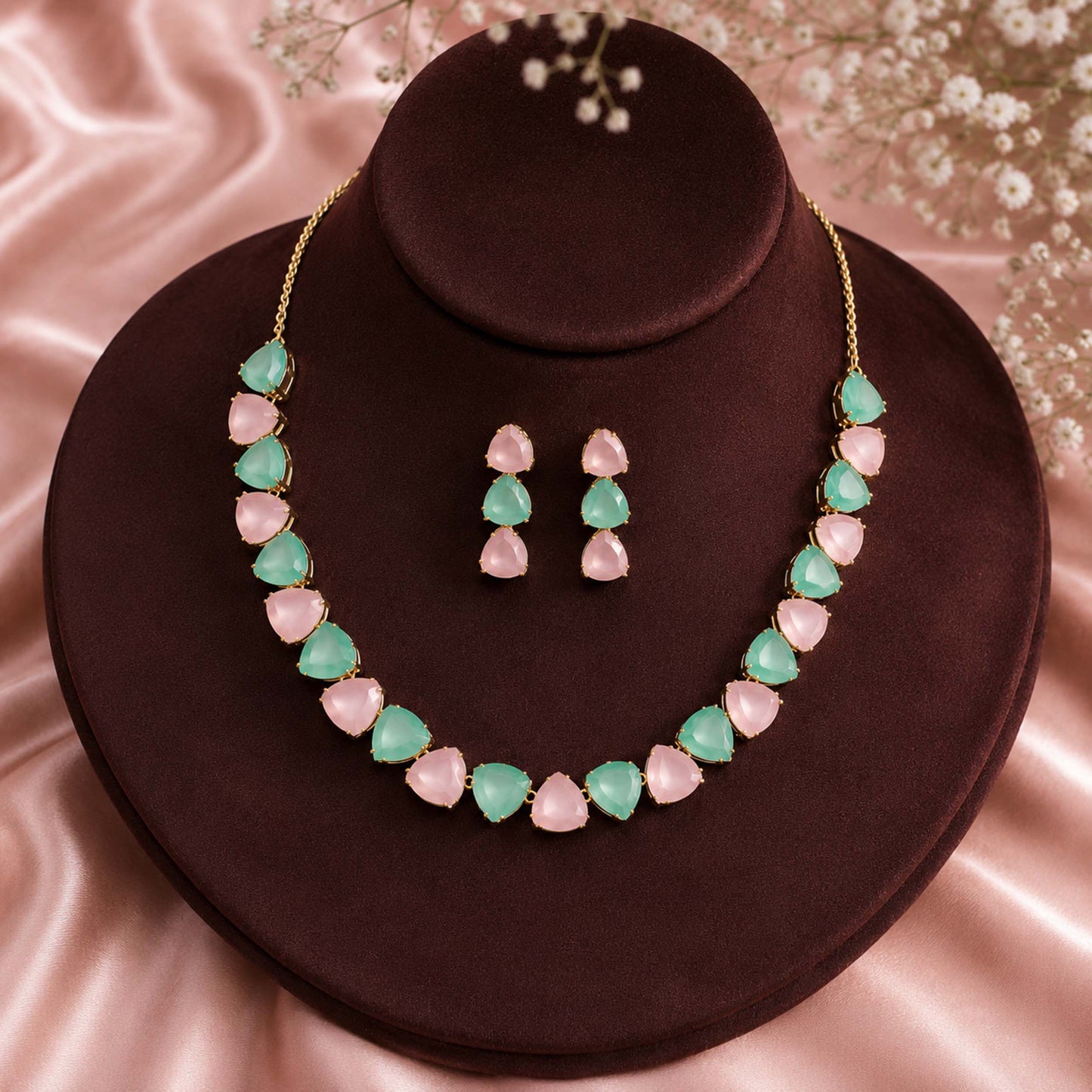 Antique Gold Plated Large CZ, Crystal & AD Studded Single Line Uneven Necklace Set with Earrings for Women - Multicolor (SJN_362_MT)