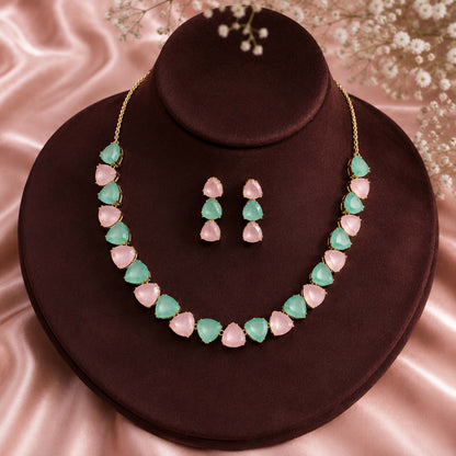 Antique Gold Plated Large CZ, Crystal & AD Studded Single Line Uneven Necklace Set with Earrings for Women - Multicolor (SJN_362_MT)