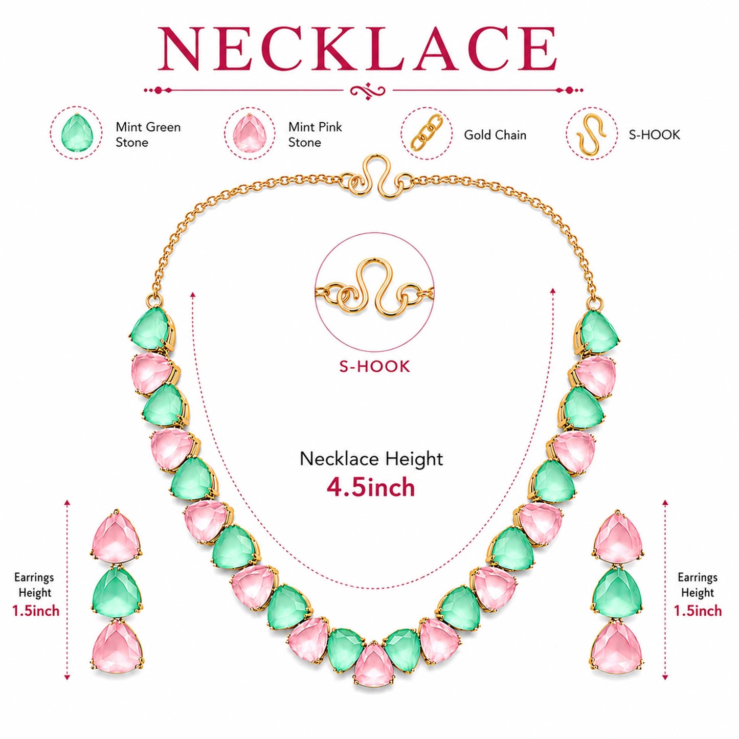 Antique Gold Plated Large CZ, Crystal & AD Studded Single Line Uneven Necklace Set with Earrings for Women - Multicolor (SJN_362_MT)