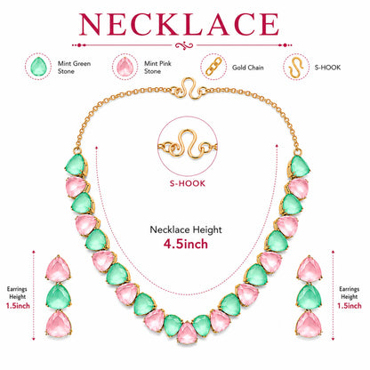 Antique Gold Plated Large CZ, Crystal & AD Studded Single Line Uneven Necklace Set with Earrings for Women - Multicolor (SJN_362_MT)