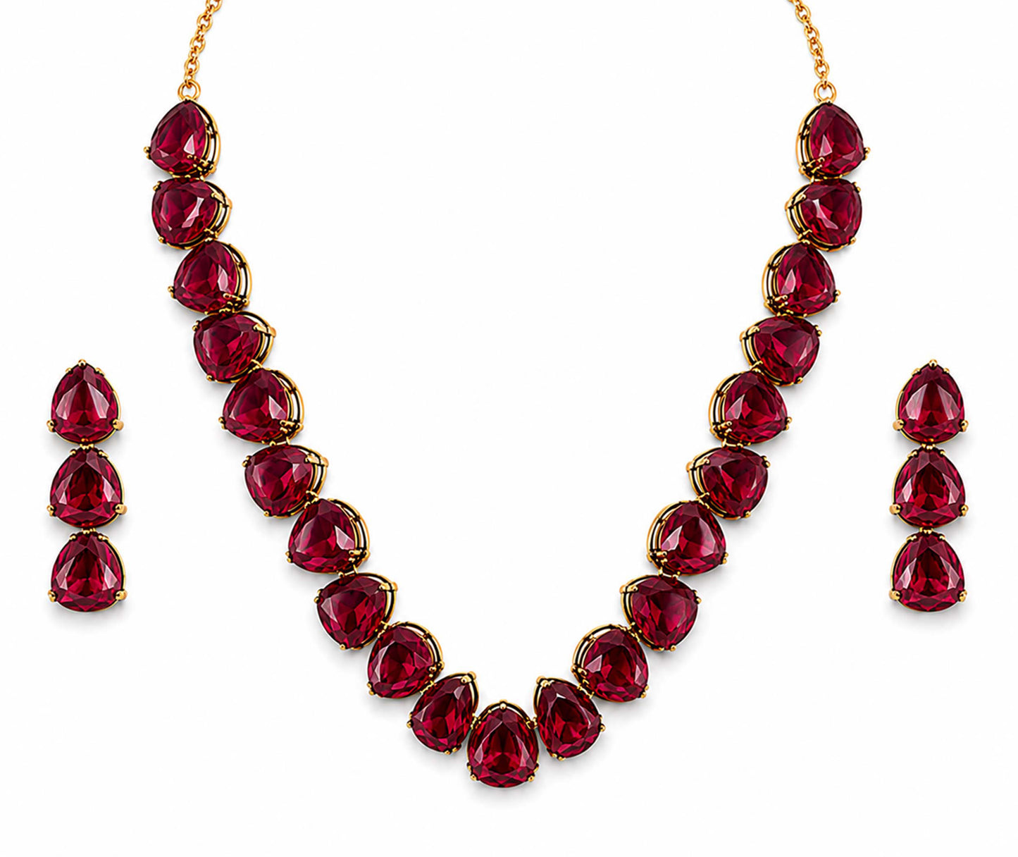 Antique Gold Plated Large CZ, Crystal & AD Studded Single Line Uneven Necklace Set with Earrings for Women - Maroon (SJN_362_M)