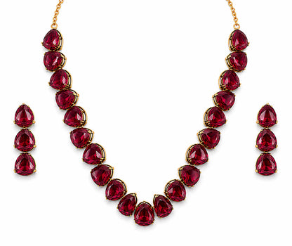 Antique Gold Plated Large CZ, Crystal & AD Studded Single Line Uneven Necklace Set with Earrings for Women - Maroon (SJN_362_M)