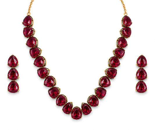 Antique Gold Plated Large CZ, Crystal & AD Studded Single Line Uneven Necklace Set with Earrings for Women - Maroon (SJN_362_M)