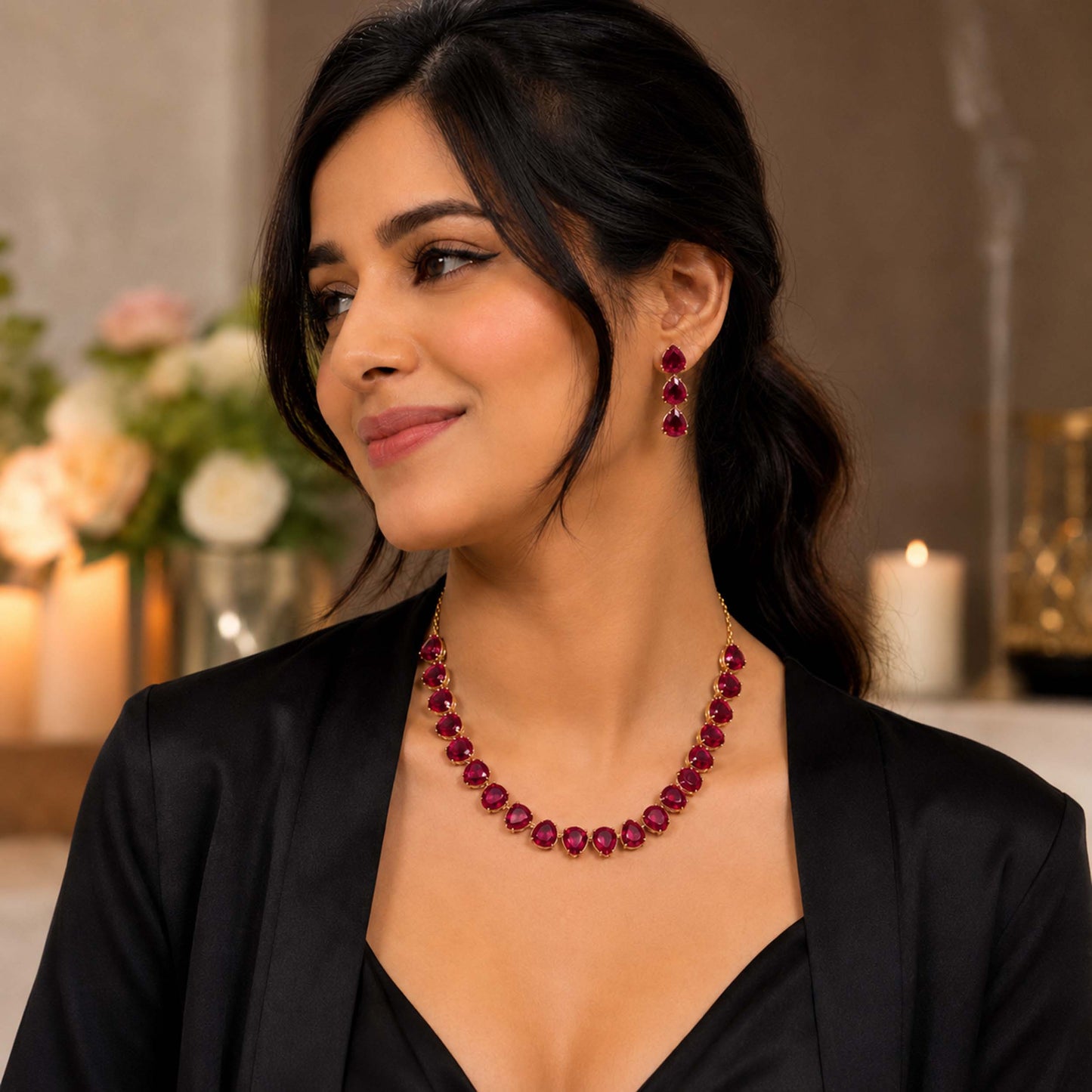 Antique Gold Plated Large CZ, Crystal & AD Studded Single Line Uneven Necklace Set with Earrings for Women - Maroon (SJN_362_M)