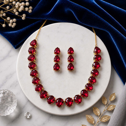 Antique Gold Plated Large CZ, Crystal & AD Studded Single Line Uneven Necklace Set with Earrings for Women - Maroon (SJN_362_M)