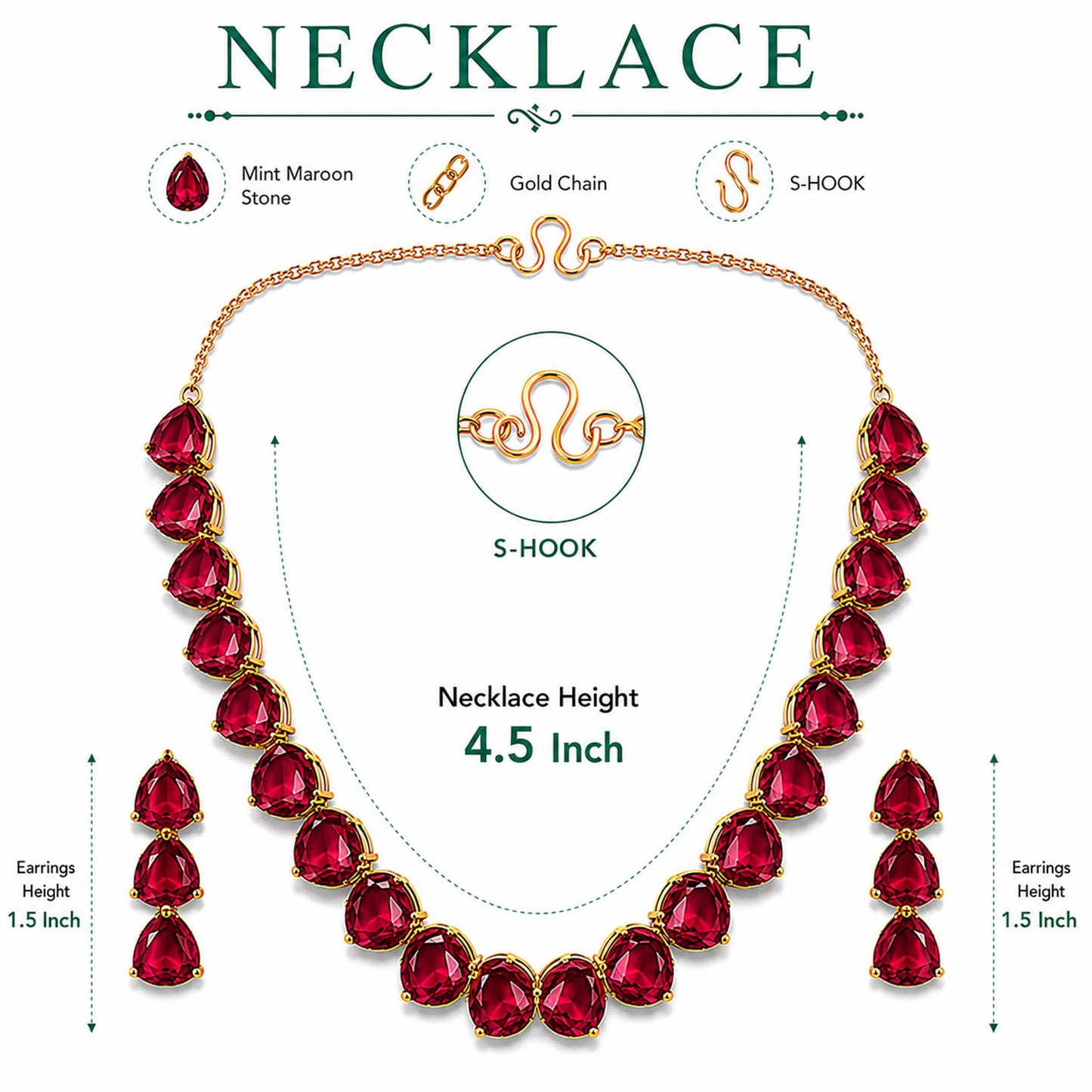 Antique Gold Plated Large CZ, Crystal & AD Studded Single Line Uneven Necklace Set with Earrings for Women - Maroon (SJN_362_M)