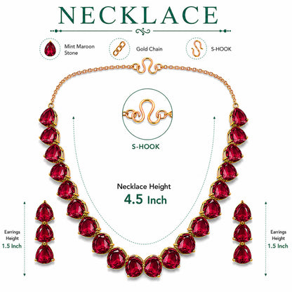 Antique Gold Plated Large CZ, Crystal & AD Studded Single Line Uneven Necklace Set with Earrings for Women - Maroon (SJN_362_M)