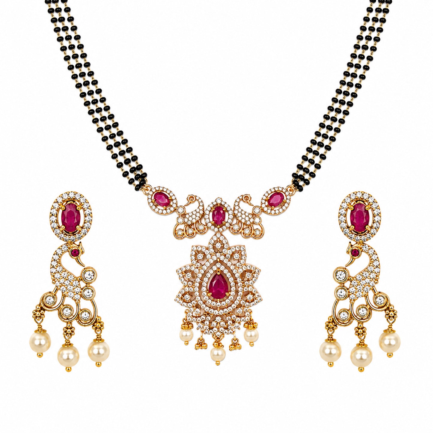 Antique Gold Plated Traditional Long Black Beads CZ, Crystal & Pearl Studded Maroon Stone Mangalsutra Tanmaniya Pendant Necklace Set with Matching Earrings for Women (SJN_363_M)