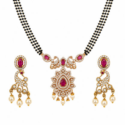 Antique Gold Plated Traditional Long Black Beads CZ, Crystal & Pearl Studded Maroon Stone Mangalsutra Tanmaniya Pendant Necklace Set with Matching Earrings for Women (SJN_363_M)