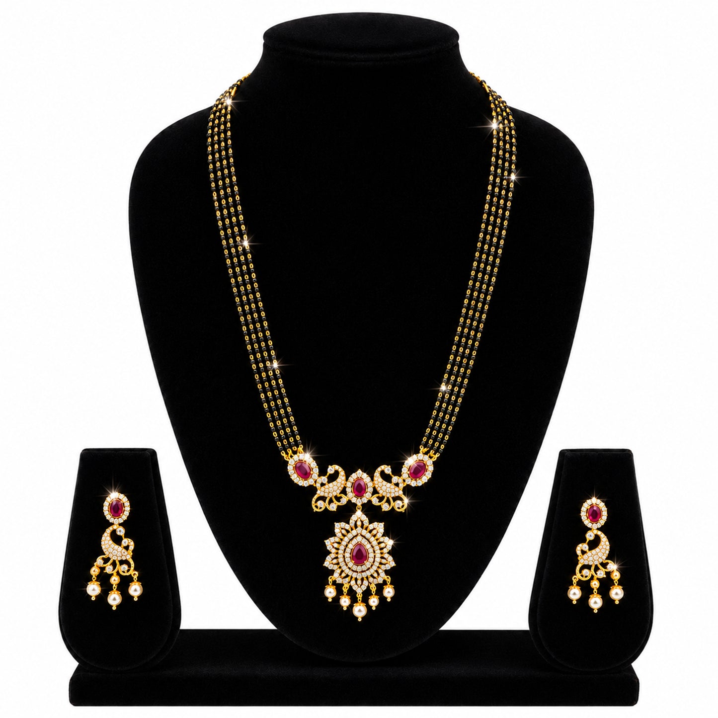 Antique Gold Plated Traditional Long Black Beads CZ, Crystal & Pearl Studded Maroon Stone Mangalsutra Tanmaniya Pendant Necklace Set with Matching Earrings for Women (SJN_363_M)