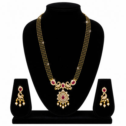 Antique Gold Plated Traditional Long Black Beads CZ, Crystal & Pearl Studded Maroon Stone Mangalsutra Tanmaniya Pendant Necklace Set with Matching Earrings for Women (SJN_363_M)