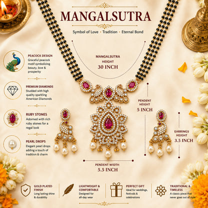 Antique Gold Plated Traditional Long Black Beads CZ, Crystal & Pearl Studded Maroon Stone Mangalsutra Tanmaniya Pendant Necklace Set with Matching Earrings for Women (SJN_363_M)