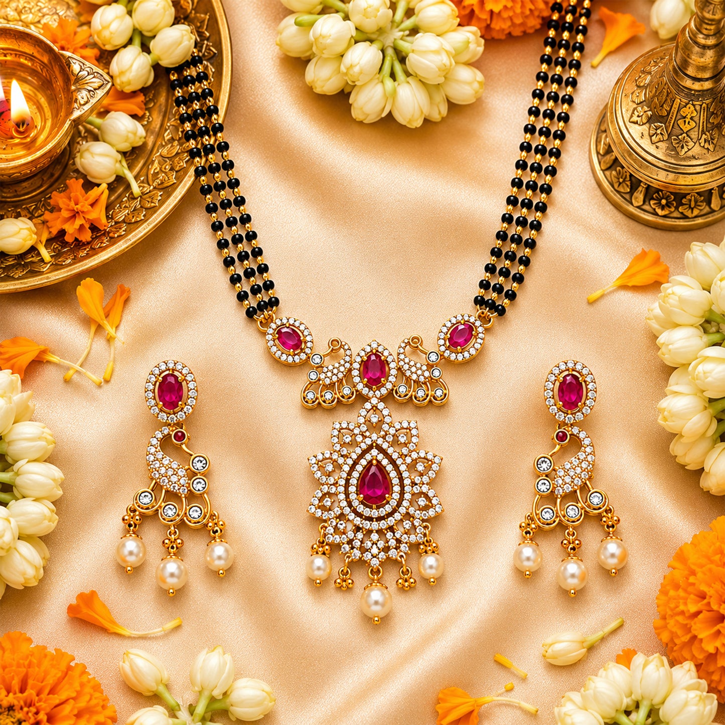 Antique Gold Plated Traditional Long Black Beads CZ, Crystal & Pearl Studded Maroon Stone Mangalsutra Tanmaniya Pendant Necklace Set with Matching Earrings for Women (SJN_363_M)