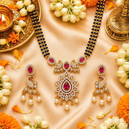 Antique Gold Plated Traditional Long Black Beads CZ, Crystal & Pearl Studded Maroon Stone Mangalsutra Tanmaniya Pendant Necklace Set with Matching Earrings for Women (SJN_363_M)