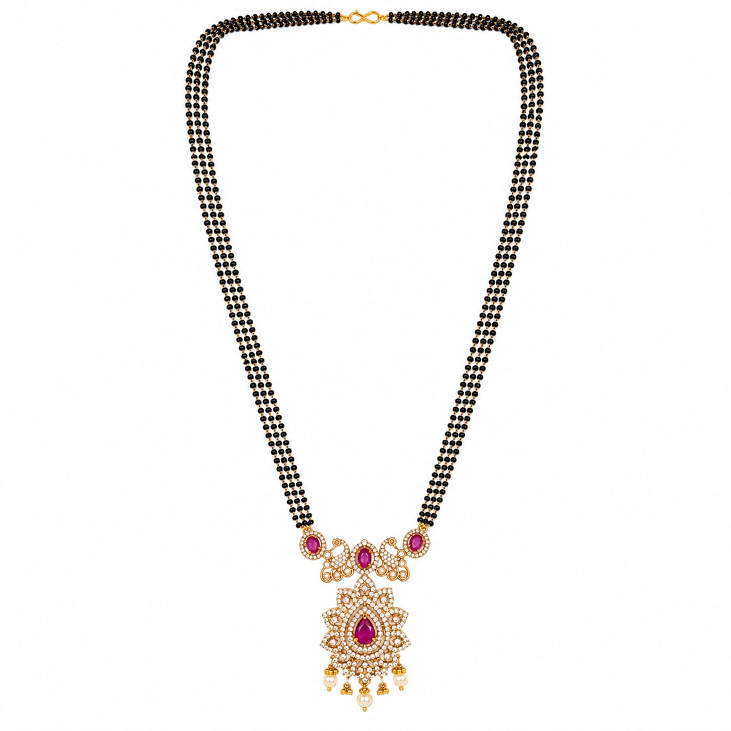Antique Gold Plated Traditional Long Black Beads CZ, Crystal & Pearl Studded Maroon Stone Mangalsutra Tanmaniya Pendant Necklace Set with Matching Earrings for Women (SJN_363_M)