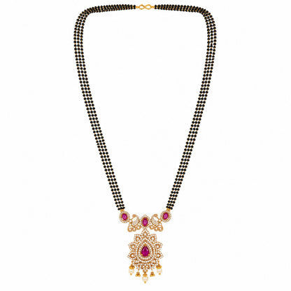Antique Gold Plated Traditional Long Black Beads CZ, Crystal & Pearl Studded Maroon Stone Mangalsutra Tanmaniya Pendant Necklace Set with Matching Earrings for Women (SJN_363_M)