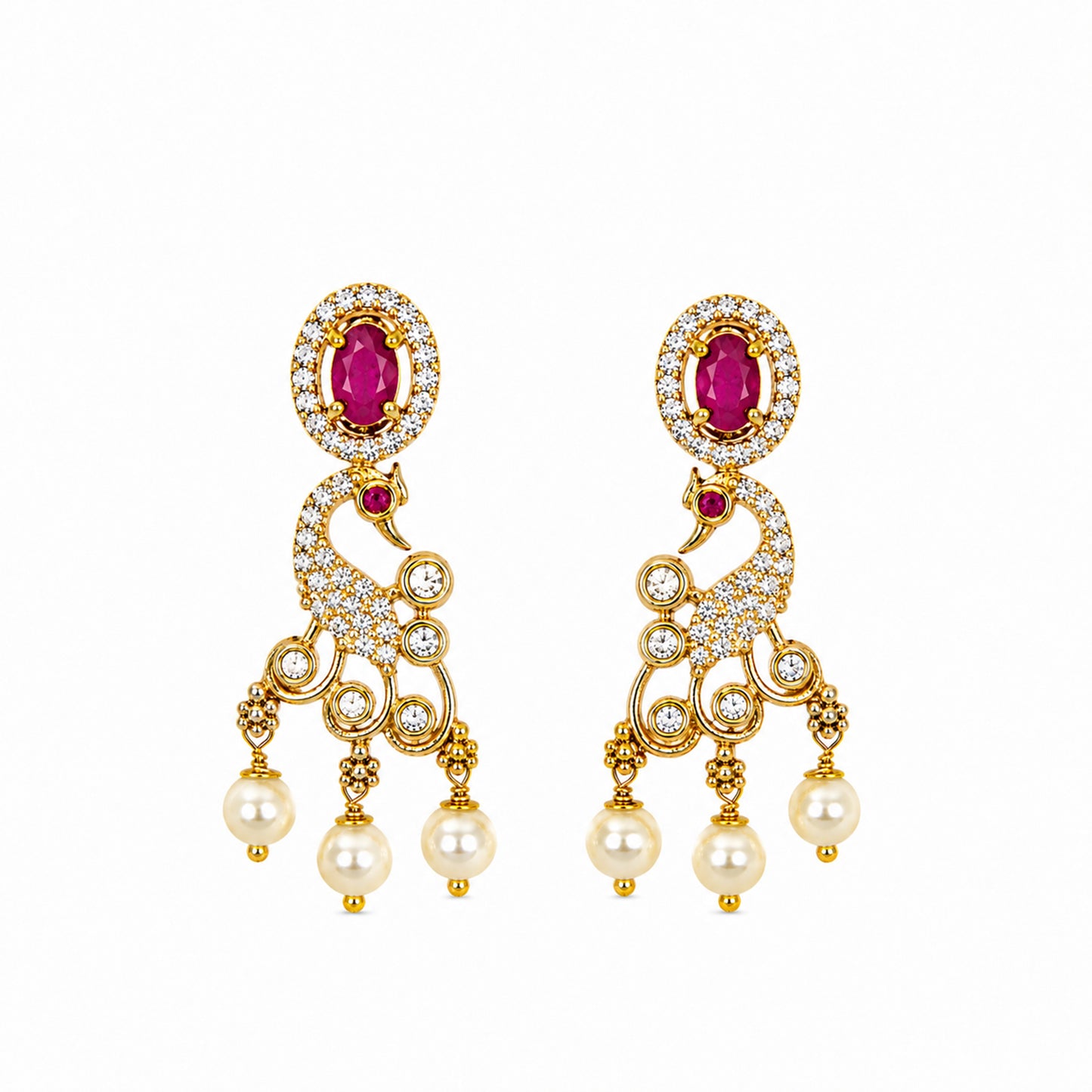 Antique Gold Plated Traditional Long Black Beads CZ, Crystal & Pearl Studded Maroon Stone Mangalsutra Tanmaniya Pendant Necklace Set with Matching Earrings for Women (SJN_363_M)