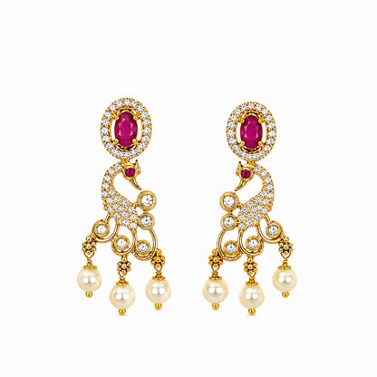 Antique Gold Plated Traditional Long Black Beads CZ, Crystal & Pearl Studded Maroon Stone Mangalsutra Tanmaniya Pendant Necklace Set with Matching Earrings for Women (SJN_363_M)